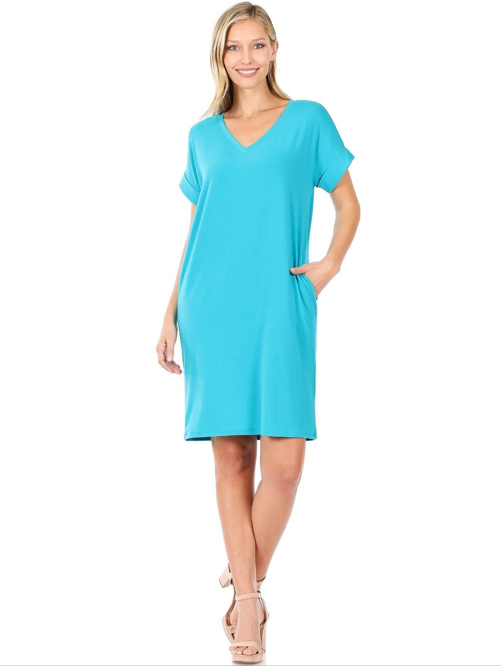 Zenana Turquoise‎ Pocket T-Shirt Dress | Soft Stretch Casual Lounge Dress